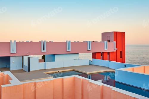 Preview: Geometric colored building design. The red wall, La manzanera. Calpe, Spain