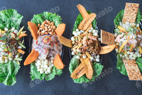 Preview: Variety of typical Peruvian and Mexican dishes. Different types of eviction with marinated fish
