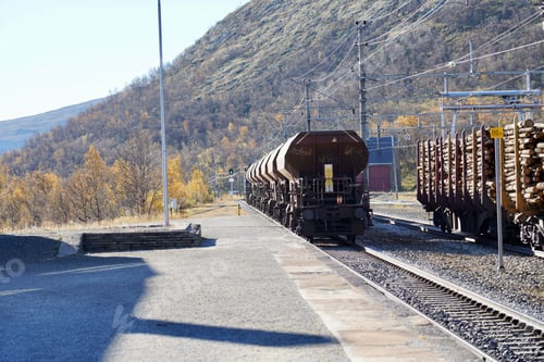 Preview: Freight train at rural station in autumn.