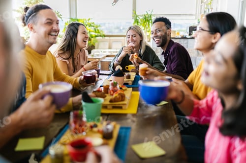 Preview: Multiracial people gathering together while having breakfast on rooftop cafe restaurant