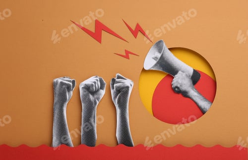 Preview: Half tones of hands raised upwards with closed fists. Feminists fighting