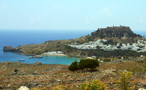 Preview: Sea bay with yachts and a fortress on top of a mountain. Lindos