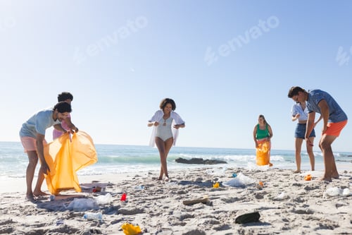 Preview: Diverse friends, part of a group, clean up a littered beach, collecting trash
