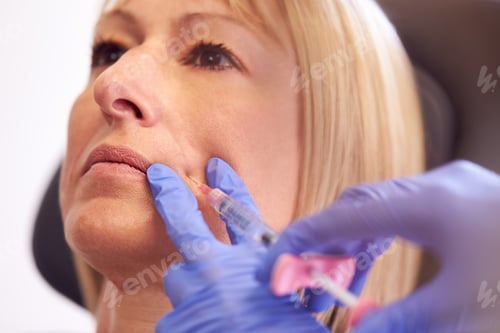 Preview: Close Up Of Mature Woman Sitting In Chair Being Give Botox Injection By Female Doctor
