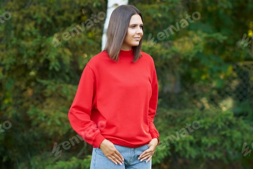Preview: Young woman in red blouse