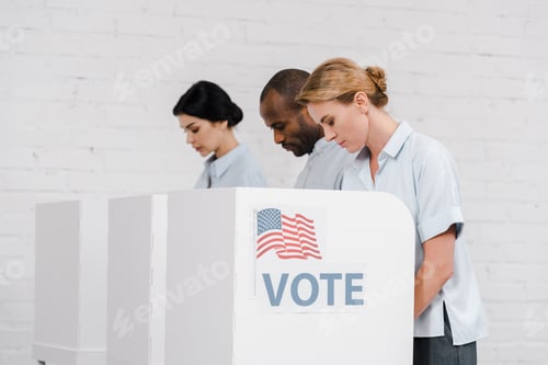 Preview: side view of women and african american man voting near vote lettering and brick wall