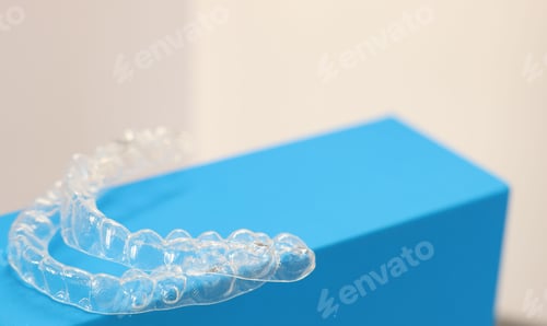 Preview: Transparent dental aligners on beige background, closeup. Space for text