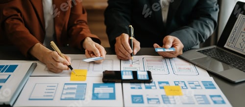 Preview: UX developer and ui designer brainstorming about mobile app interface wireframe design with customer
