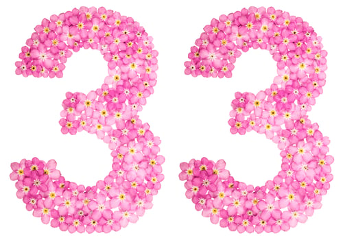 Preview: Arabic numeral 33, thirty three, from pink forget-me-not flowers, isolated on white background