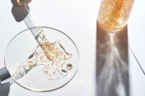 Preview: Luxurious skincare with gold-infused serum and glass dropper on white background