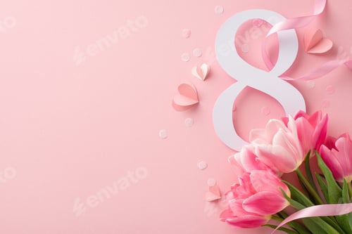 Preview: Women's Day theme: Overhead shot showing '8' date, vibrant tulips silky ribbon