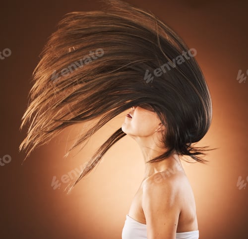 Preview: Beauty, hair care and flip profile with a model on gradient background for cosmetics, transformatio