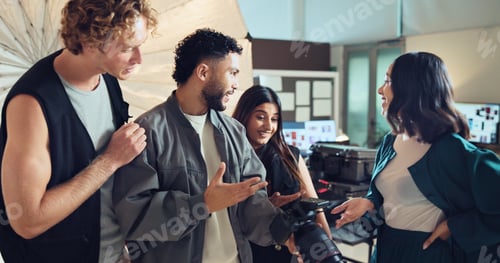 Preview: People, photographer and talk with camera in studio for photoshoot, photo results and production te