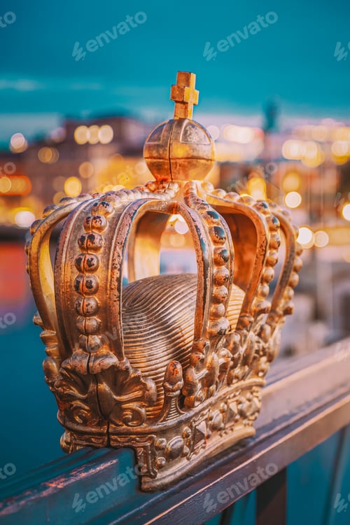 Preview: Stockholm, Sweden. Skeppsholmsbron - Skeppsholm Bridge With Its Famous Golden Crown In Night Lights