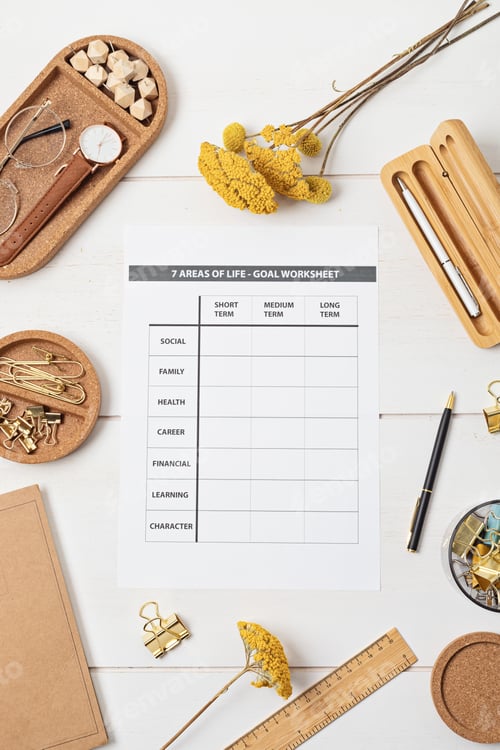 Preview: Desktop with goal setting template and office accessories