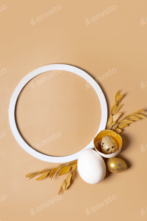 Preview: Frame with copy space and Easter eggs composition decorated with twigs and flowers