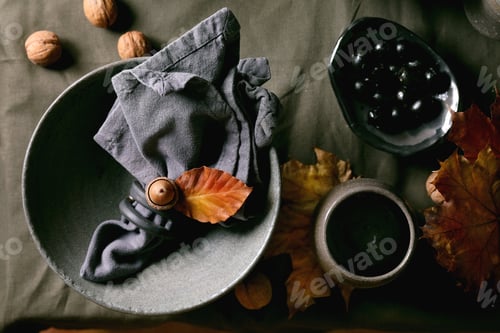 Preview: Rustic autum table setting with craft ceramic tableware