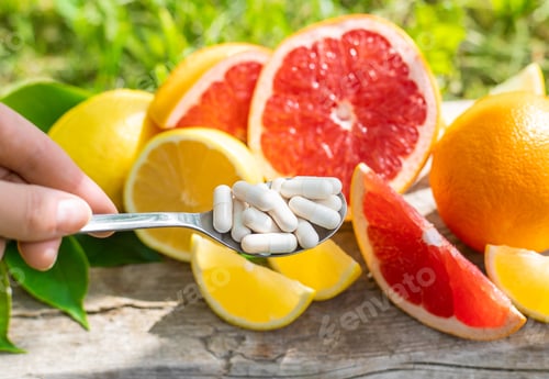 Preview: vitamin c and citrus. Selective focus.