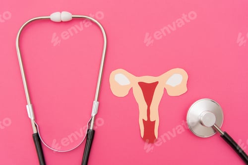 Preview: close up of Stethoscope with Paper Cutout Uterus on Vibrant Pink Background - Women's Healthcare