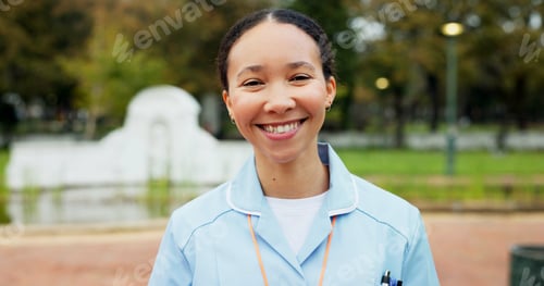 Preview: Professional nurse woman, park and face with smile, young and excited for healthcare career in Toro