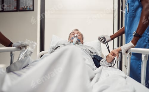 Preview: Hospital, senior patient and doctors for emergency on a bed with oxygen mask for healthcare. Sick o