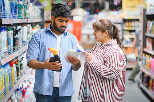 Preview: Indian couple choosing cleaning products in supermarket
