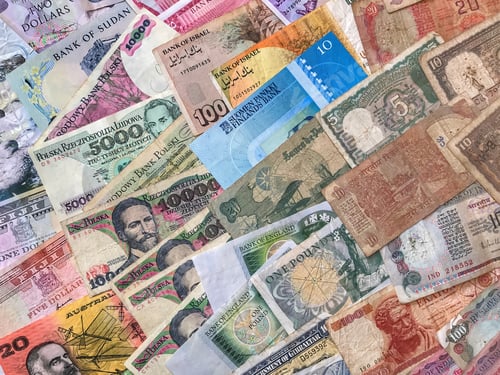 Preview: Banknotes of various currencies from different countries of the world, including pounds and dollars