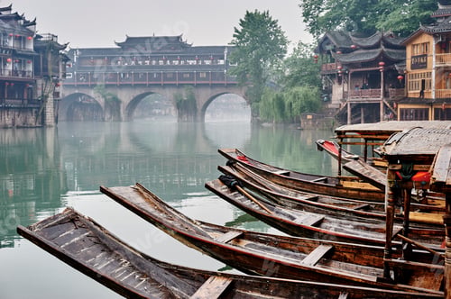 Preview: Moored boats on river, Fenghuang, Hunan, China