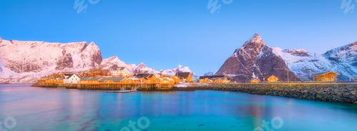 Preview: Norway. Natural winter landscape. Picturesque view of traditional Norwegian fishermen's houses.