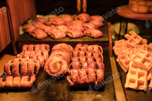 Preview: Breakfast buffet in a luxury hotel, bread corner with croisant muffin and chocolate bread at the