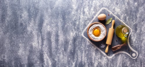 Preview: Bakery ingredients for homemade bread baking on table. Flour food and egg