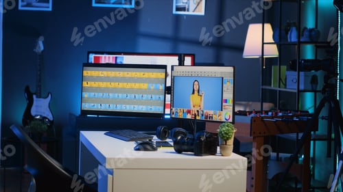 Preview: Photo editing software on computer screen in empty studio used for enhancing digital images