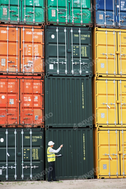 Preview: Nothing is too big to handle. A customs inspector standing and reviewing a tack of containers.