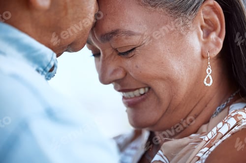 Preview: Elderly, couple kiss and love, happy together with peace and trust in romantic closeup. Mature man