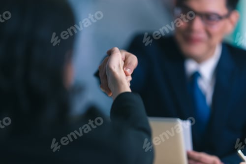 Preview: Business, career and placement concept - image from back of two employers sitting in office