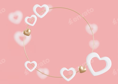 Preview: Pink background with white and golden hearts and copy space. Valentine's Day, Mother's Day, Wedding