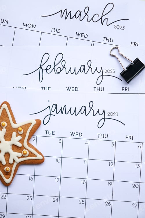 Preview: Calendar flat lay. New year 2023