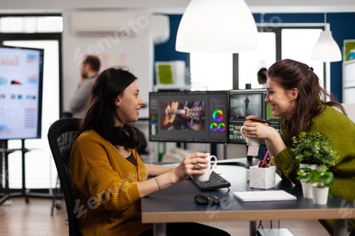 Preview: Coworkers video editors discussing in front of pc working for client footage