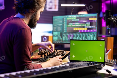 Preview: Audio engineer pushing pre amp knobs on mixing console in home studio