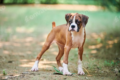 Preview: Boxer dog puppy full height portrait at outdoor park walking, green grass background