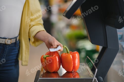 Preview: Woman weighing bell peppers on supermarket scales