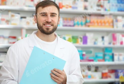 Preview: Professional pharmacist with clipboard in modern drugstore