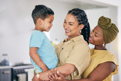 Preview: LGBT, kid and happy couple hug, care and smile for home bonding, child support and enjoy quality ti