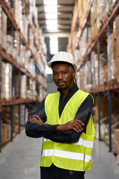 Preview: Confident logistics worker posing with crossed arms in warehouse