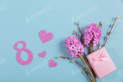 Preview: March 8 Women's Day card from spring hyacinth flowers