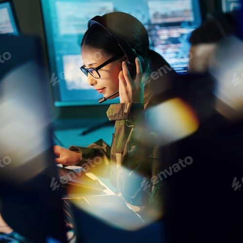 Vista previa: Military command center, headset and woman with communication, computer and technology. Security, g