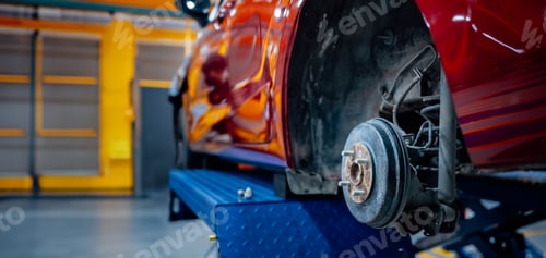Preview: Closeup of Car wheel in garage of auto repair service shop.