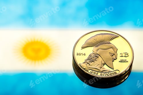 Preview: Coins Bitcoin, against the background of Argentina flag.