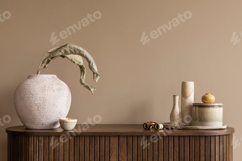 Preview: Warm and cozy living room interior with wooden sideboard, personal accessories. Home decor. Template