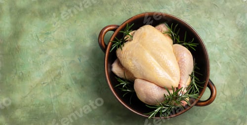 Preview: Raw chicken with herbs in bowl space for text.